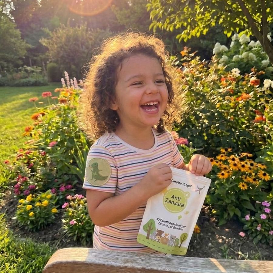 Bambina sorridente con il cerotto Patchly sulla manica