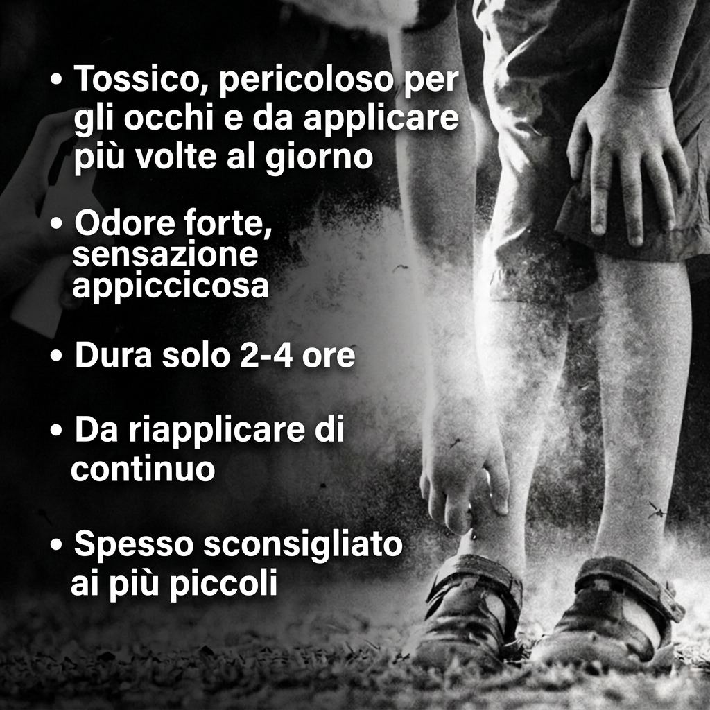 Problemi dello spray antizanzare: tossico, odore forte, dura poco, da riapplicare continuamente, spesso sconsigliato ai più piccoli